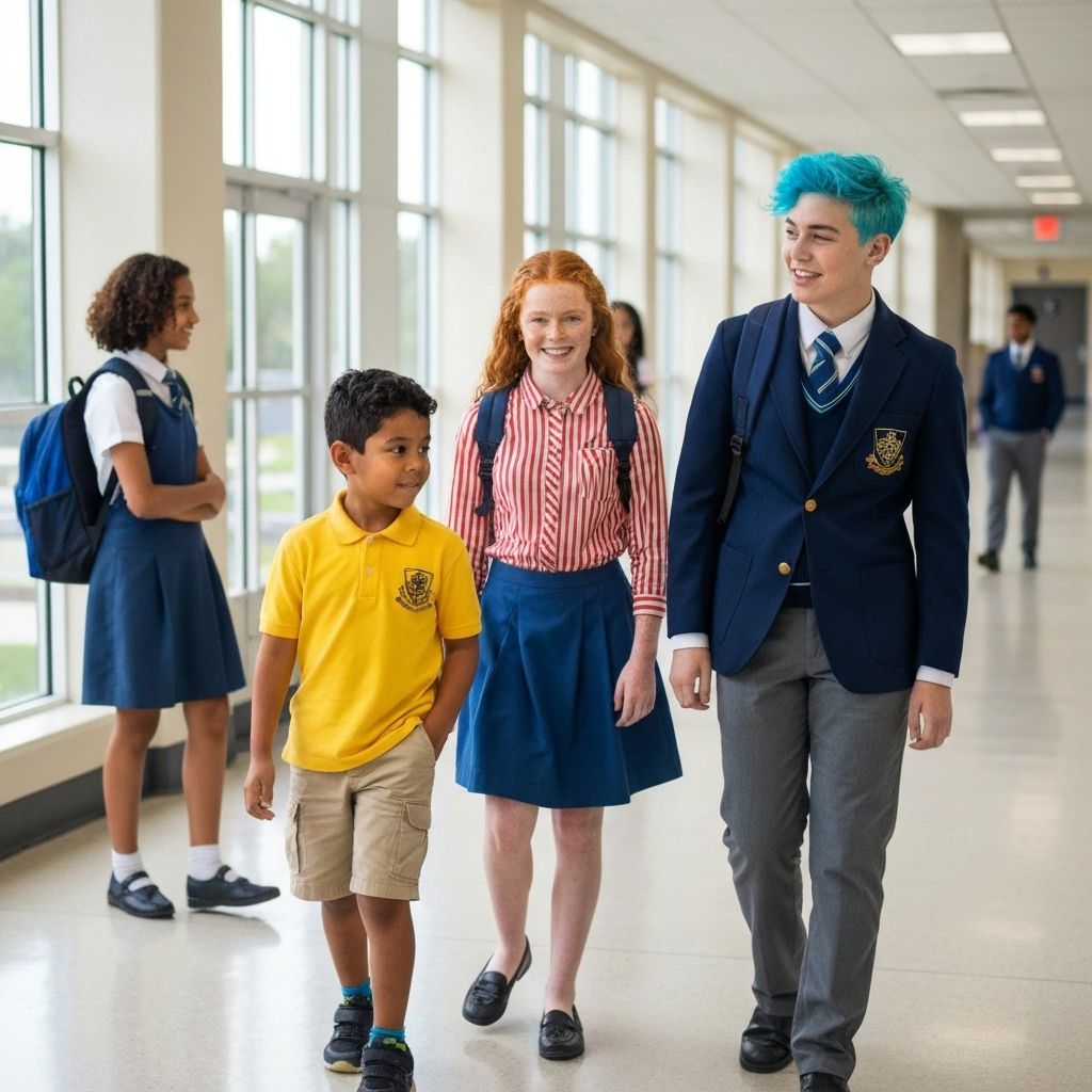 Students from elementary to high school wearing different uniform styles